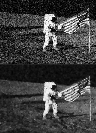 One noisy image of astronaut on the moon with flag above a fixed version of the same image. One noisy image of astronaut on the moon with flag above a fixed version of the same image.