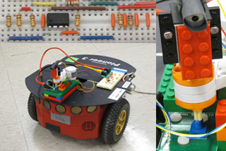 Three images, one of the completed robot with light-tracking head, and close-ups of the breadboard and Lego head. Three images, one of the completed robot with light-tracking head, and close-ups of the breadboard and Lego head.