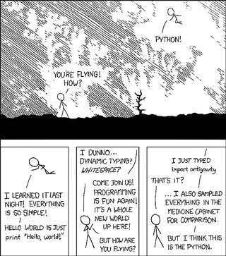 Comic strip showing how easy it is to do anything in Python, even fly. Comic strip showing how easy it is to do anything in Python, even fly.