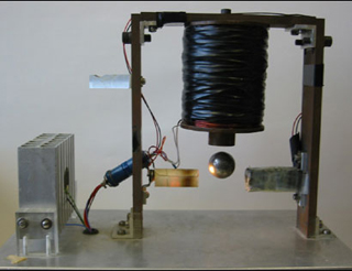 Photograph of magnetic levitation demonstration. Photograph of magnetic levitation demonstration.