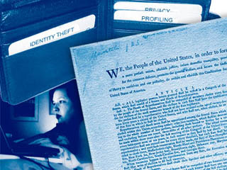 Photo montage showing the US Constitution and legal files. Photo montage showing the US Constitution and legal files.