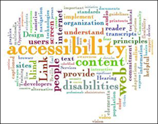 Word cloud of various terms used to describe the challenges of accessibility, including transcripts, standards, and captioned. Word cloud of various terms used to describe the challenges of accessibility, including transcripts, standards, and captioned.
