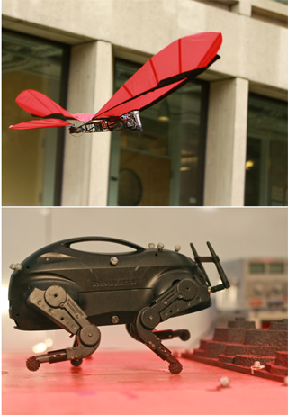 A photograph of a flying robot placed above a photograph of a legged robot.A photograph of a flying robot placed above a photograph of a legged robot. A photograph of a flying robot placed above a photograph of a legged robot.A photograph of a flying robot placed above a photograph of a legged robot.