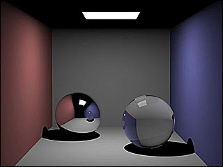 Two reflective balls with reflection and shadows presented in a box of pink and purple walls with light source on top. Two reflective balls with reflection and shadows presented in a box of pink and purple walls with light source on top.