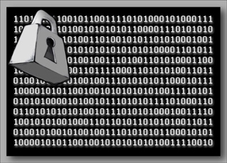 A black rectangle filled with binary code in white. A cartoonish lock floats in the upper left hand corner. A black rectangle filled with binary code in white. A cartoonish lock floats in the upper left hand corner.