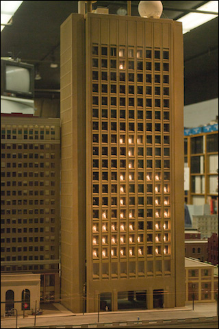 Photo of a model of the Green Building at MIT, illuminated with a version of a Tetris game. Photo of a model of the Green Building at MIT, illuminated with a version of a Tetris game.