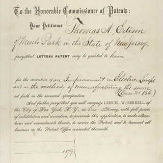 Thomas Edison's patent application from 1879. Thomas Edison's patent application from 1879.