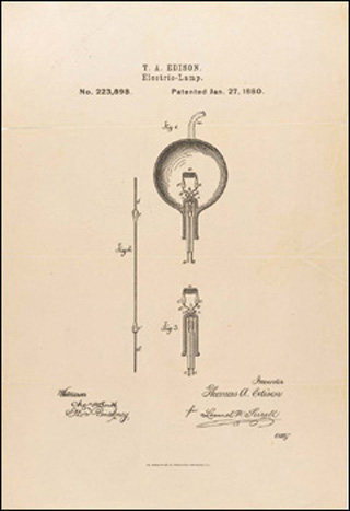Drawing of an electric lamp and filament from Thomas Edison's U.S. patent, January 27, 1880. Drawing of an electric lamp and filament from Thomas Edison's U.S. patent, January 27, 1880.