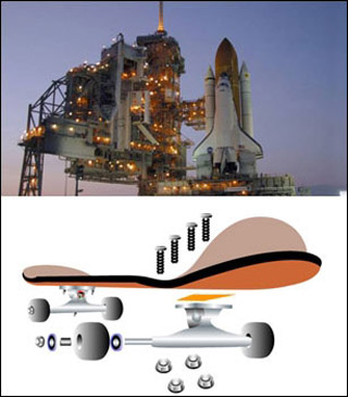 Diagram of a skateboard and photo of the space shuttle. Diagram of a skateboard and photo of the space shuttle.
