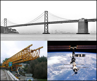Collage of three small photographs: a bridge, construction equipment, and a space station. Collage of three small photographs: a bridge, construction equipment, and a space station.