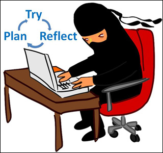 A ninja is working at the laptop with a diagram showing a feedback loop of "Try, Reflect, and Plan" above the laptop. A ninja is working at the laptop with a diagram showing a feedback loop of "Try, Reflect, and Plan" above the laptop.