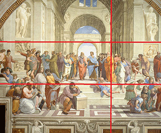 A classic painting from the 5th century shows men dressed in togas gathered on the steps together. Two red horizontal lines run parallel across the image and are intersected by a vertical red line. A classic painting from the 5th century shows men dressed in togas gathered on the steps together. Two red horizontal lines run parallel across the image and are intersected by a vertical red line.