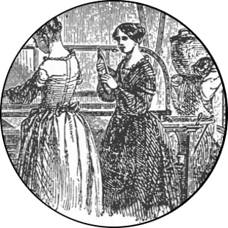 Etching shows two women attending a power loom, with a third in the background carrying a large basket. Etching shows two women attending a power loom, with a third in the background carrying a large basket.