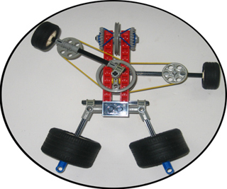 A simple rotating robot has four wheels mounted on pivoting arms. A simple rotating robot has four wheels mounted on pivoting arms.