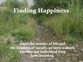 A quote about happiness is overlayed over a photo of a stream. A quote about happiness is overlayed over a photo of a stream.