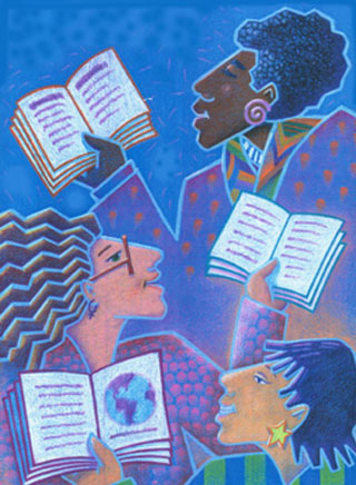 A drawning of three women holding books open. A drawning of three women holding books open.