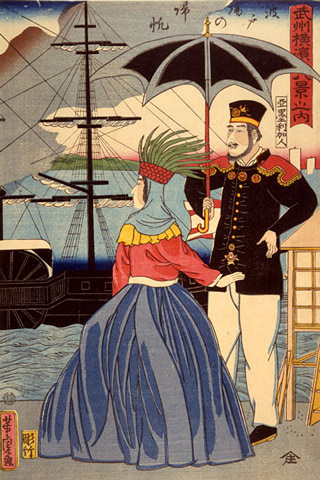 A painting with a man and a woman standing at the pier with a sail boat in the background, and the man is holding a parasol. A painting with a man and a woman standing at the pier with a sail boat in the background, and the man is holding a parasol.