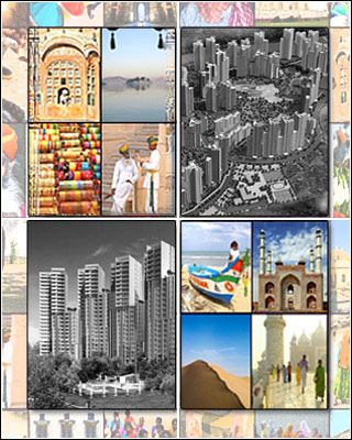A collage of color and black and white images of people, buildings, and landscapes in India. A collage of color and black and white images of people, buildings, and landscapes in India.