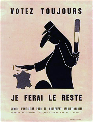 Black print with light background poster depicts a caricature of Charles de Gaulle holding a riot truncheon behind his back while patting an image of France as one would a small child. Black print with light background poster depicts a caricature of Charles de Gaulle holding a riot truncheon behind his back while patting an image of France as one would a small child.