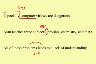 Three sentences with grammatical corrections in red. Three sentences with grammatical corrections in red.