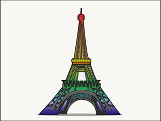 A computer illustration of a rainbow-hued Eiffel Tower on a white background. A computer illustration of a rainbow-hued Eiffel Tower on a white background.