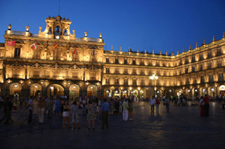 A photograph of the Plaza Mayor in Salamanca, Spain at dusk. A photograph of the Plaza Mayor in Salamanca, Spain at dusk.