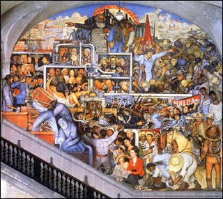 A photograph of a gigantic wall-size mural depicting various scenes representing Mexican history. A photograph of a gigantic wall-size mural depicting various scenes representing Mexican history.