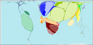 A distorted world map showing the origins of both refugees and internally displaced persons, where Serbia and Montenegro, Bosnia Herzegovina, Iraq, Afghanistan, Azerbaijan, the Gaza Strip and the West Bank appear the largest. A distorted world map showing the origins of both refugees and internally displaced persons, where Serbia and Montenegro, Bosnia Herzegovina, Iraq, Afghanistan, Azerbaijan, the Gaza Strip and the West Bank appear the largest.
