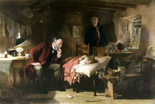 Painting of an illuminated doctor considering a young patient. Painting of an illuminated doctor considering a young patient.