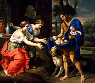 A painting of a young man holding a blue blanket containing twin babies towards the outstretched hands of a young woman. A painting of a young man holding a blue blanket containing twin babies towards the outstretched hands of a young woman.