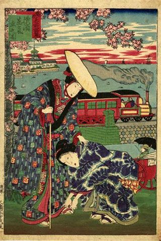 A kneeling woman, wearing a colorful kimono, fastens the sandle of another woman, also wearing a colorful kimono, who stands above her. A kneeling woman, wearing a colorful kimono, fastens the sandle of another woman, also wearing a colorful kimono, who stands above her.
