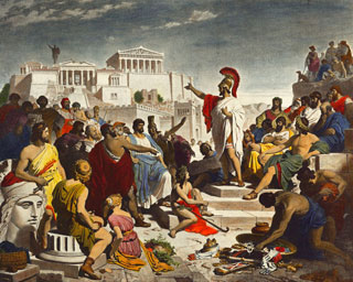 A muscular man wearing a toga and helmut speaks to a crowd gathered at the Acropolis of Athens. A muscular man wearing a toga and helmut speaks to a crowd gathered at the Acropolis of Athens.