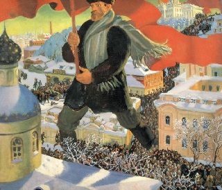 A painting by Boris Kustodiev of a giant Bolshevik walking through the streets godzilla style. A painting by Boris Kustodiev of a giant Bolshevik walking through the streets godzilla style.