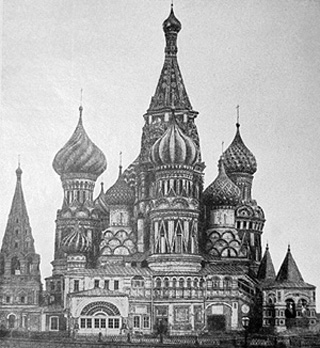 Black and white photo of an ornate church in Moscow. Black and white photo of an ornate church in Moscow.