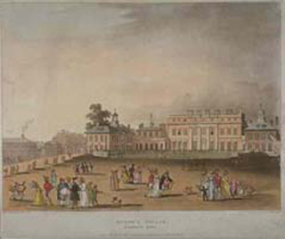A drawing of Buckingham house with well-dressed people on the lawn. A drawing of Buckingham house with well-dressed people on the lawn.