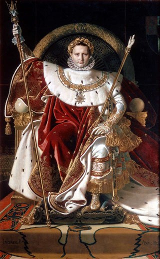 A painting of Napolean Boneparte after he ascended the French throne. In it, he is wearing furs, red, white, and golden robes, and a golden laurel wreath around his head. A painting of Napolean Boneparte after he ascended the French throne. In it, he is wearing furs, red, white, and golden robes, and a golden laurel wreath around his head.