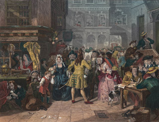 A color painting depicting an elegantly dressed crowd gathered around a long-haired gentleman reading from a document. A color painting depicting an elegantly dressed crowd gathered around a long-haired gentleman reading from a document.