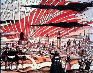 A black and white print with red tinting of people on a hill over-looking a city with aurora above it. A black and white print with red tinting of people on a hill over-looking a city with aurora above it.