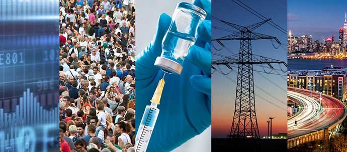 A collage of five images showing a bar graph, a crowd of people, a syringe drawing medicine, high voltage power lines, and a time-lapse photo of traffic moving through a city at night. A collage of five images showing a bar graph, a crowd of people, a syringe drawing medicine, high voltage power lines, and a time-lapse photo of traffic moving through a city at night.