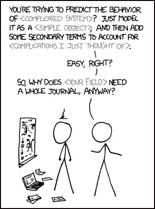 An xkcd comic showing a physicist condescendingly "solving" a complicated problem of another scientist. An xkcd comic showing a physicist condescendingly "solving" a complicated problem of another scientist.