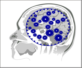 A profile of an x-ray of a head, with an overlaid image of cogs. A profile of an x-ray of a head, with an overlaid image of cogs.