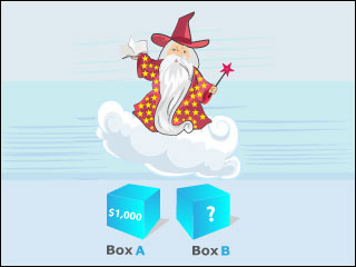 A wise older being floats above two boxes, Box A and Box B. A wise older being floats above two boxes, Box A and Box B.