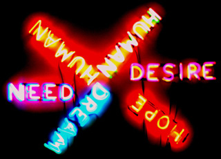 Photograph of the sculpture Human/Need/Desire, 1983, by Bruce Nauman. Nauman uses neon tubing to spell out the words of fundamental human experience. The words are arranged as a six-point, radiating star starting with dream on the lower left and arranged counter-clockwise: dream, need, human, human, desire, and hope. Photograph of the sculpture Human/Need/Desire, 1983, by Bruce Nauman. Nauman uses neon tubing to spell out the words of fundamental human experience. The words are arranged as a six-point, radiating star starting with dream on the lower left and arranged counter-clockwise: dream, need, human, human, desire, and hope.