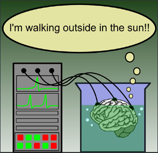 In a vat, a brain floating in liquid is connected to a computer. A thought bubble above the brain reads "I'm walking outside in the sun!!" In a vat, a brain floating in liquid is connected to a computer. A thought bubble above the brain reads "I'm walking outside in the sun!!"