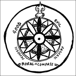 A black and white drawing of a moral compass with “good” and “evil” on opposite sides. A black and white drawing of a moral compass with “good” and “evil” on opposite sides.