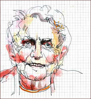 A watercolor of Ruth Barcan Marcas painted in red and yellow hues on grid-lined paper. A watercolor of Ruth Barcan Marcas painted in red and yellow hues on grid-lined paper.