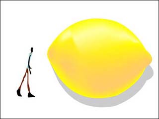Image of a man looking at (perceiving) a large lemon. Image of a man looking at (perceiving) a large lemon.