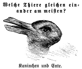 A black and white illustration of an animal that can be seen as a duck or rabbit. The two German captions translate to: Which animals are most like each other? Rabbit and duck. A black and white illustration of an animal that can be seen as a duck or rabbit. The two German captions translate to: Which animals are most like each other? Rabbit and duck.