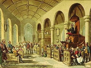 A painting from 1813 showing a man speaking from a lectern while a crowd of people watch. A painting from 1813 showing a man speaking from a lectern while a crowd of people watch.