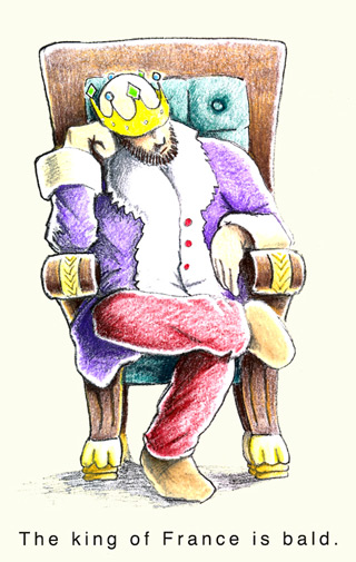 Drawing of a bald king of France with the sentence 'The king of France is bald' written underneath. This is a simple sentence that can illustrate presupposition, assertion, and common ground. Drawing of a bald king of France with the sentence 'The king of France is bald' written underneath. This is a simple sentence that can illustrate presupposition, assertion, and common ground.